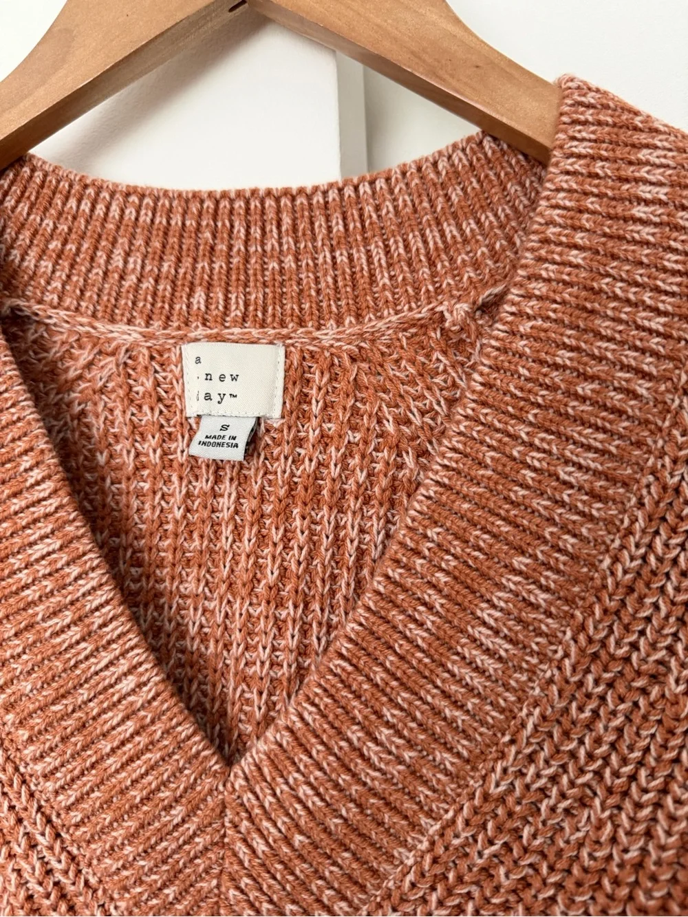 A New Day Chunky Knit V-neck Sweater Oversized Rust Orange Marled Cotton Small